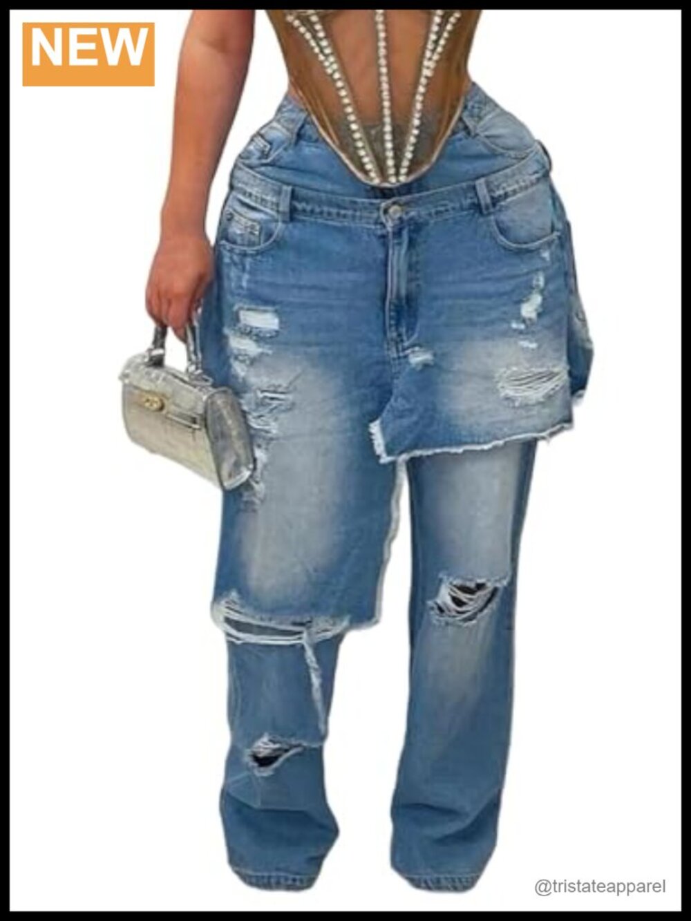 Women's High Waist Wide Leg Harem Jeans Ripped Patchwork Raw Trim Denim